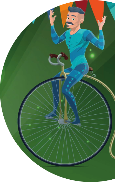 Clown bleu sur un monocycle dans un rond vert, utilisé par Albus animation pour illustrer la magie du cirque.